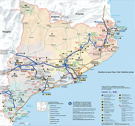 Carte des itinéraires du chemin de Saint-Jacques de Compostelle en Catalogne