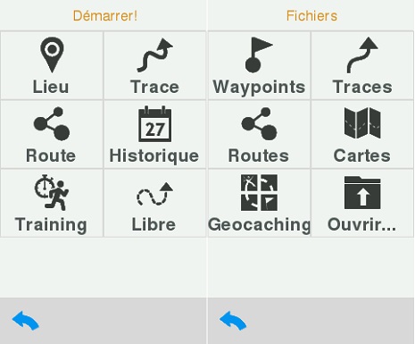 Les boutons Démarrer et Fichiers donnent accès aux fonctions de navigation et au contenu du GPS