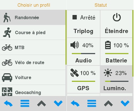 Le bouton Profil donne accès à différentes utilisations alors que le bouton Statut permet d'accéder à l'état du GPS