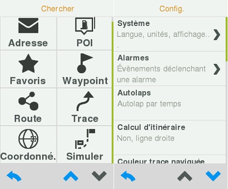 Le bouton Chercher offre différents types de recherche et le bouton Configuration donne accès au paramétrage complet du GPS