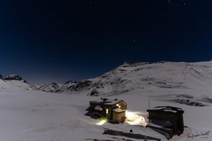 Refuge du col de la Vanoise de nuit Splitboard