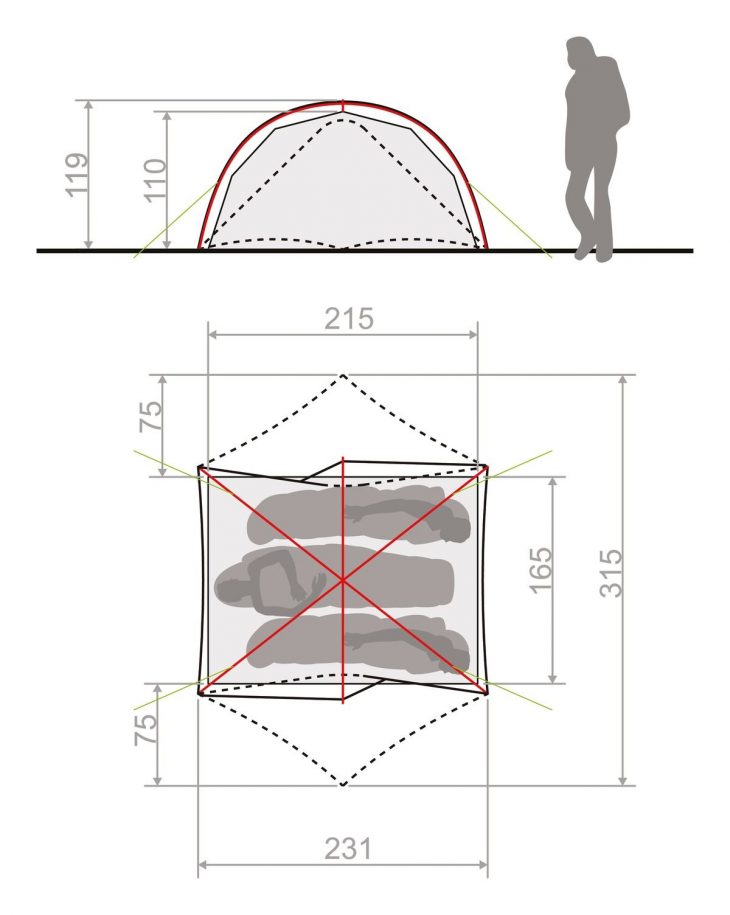 Dimensions de la tente Vaude Space Seamless 2-3p