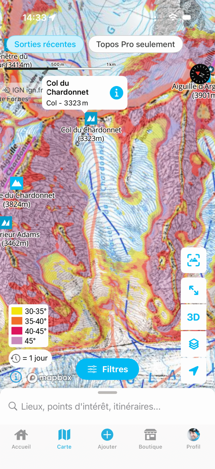 Carte IGN avec calque des inclinaisons de pentes
