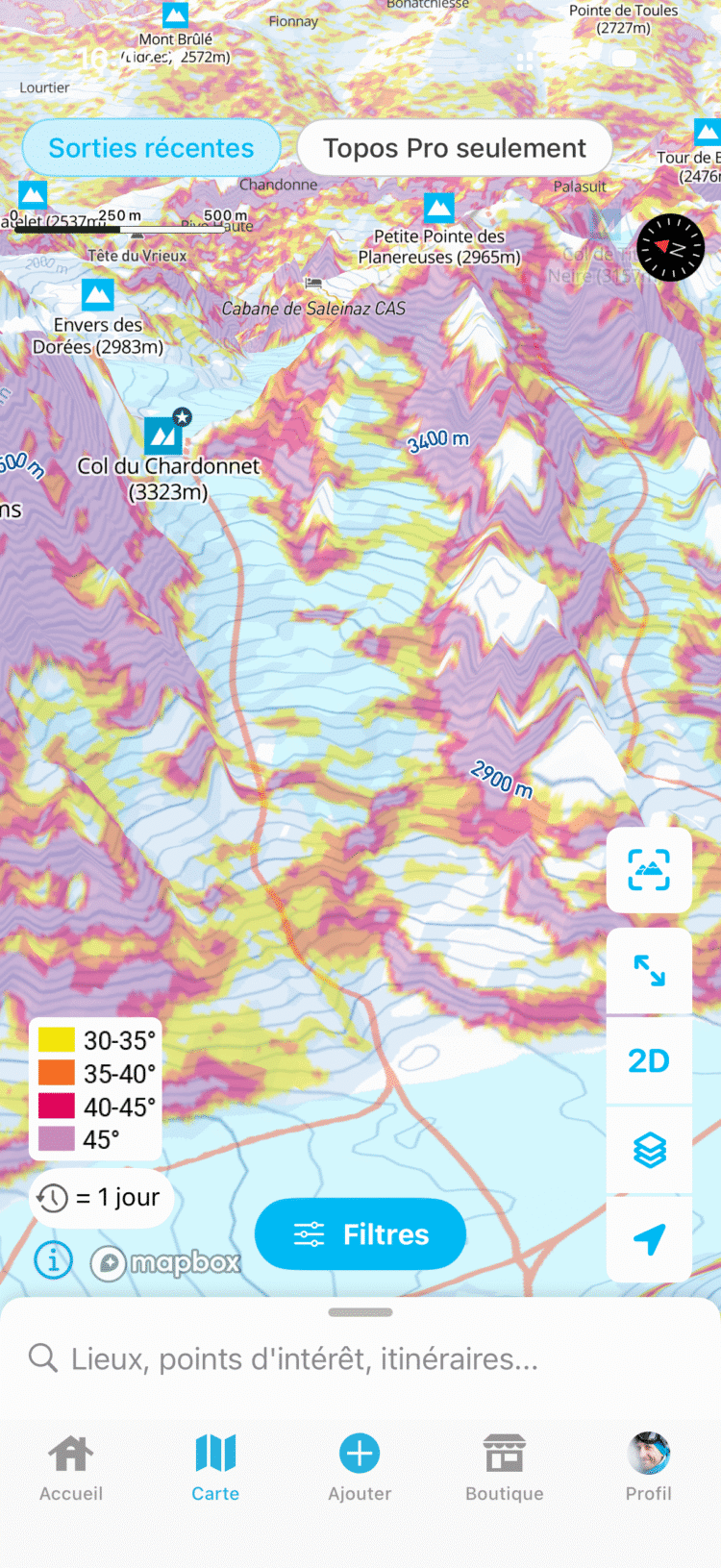 Carte Whympr Outdoor hiver (gratuite) avec calque d'inclinaison des pentes