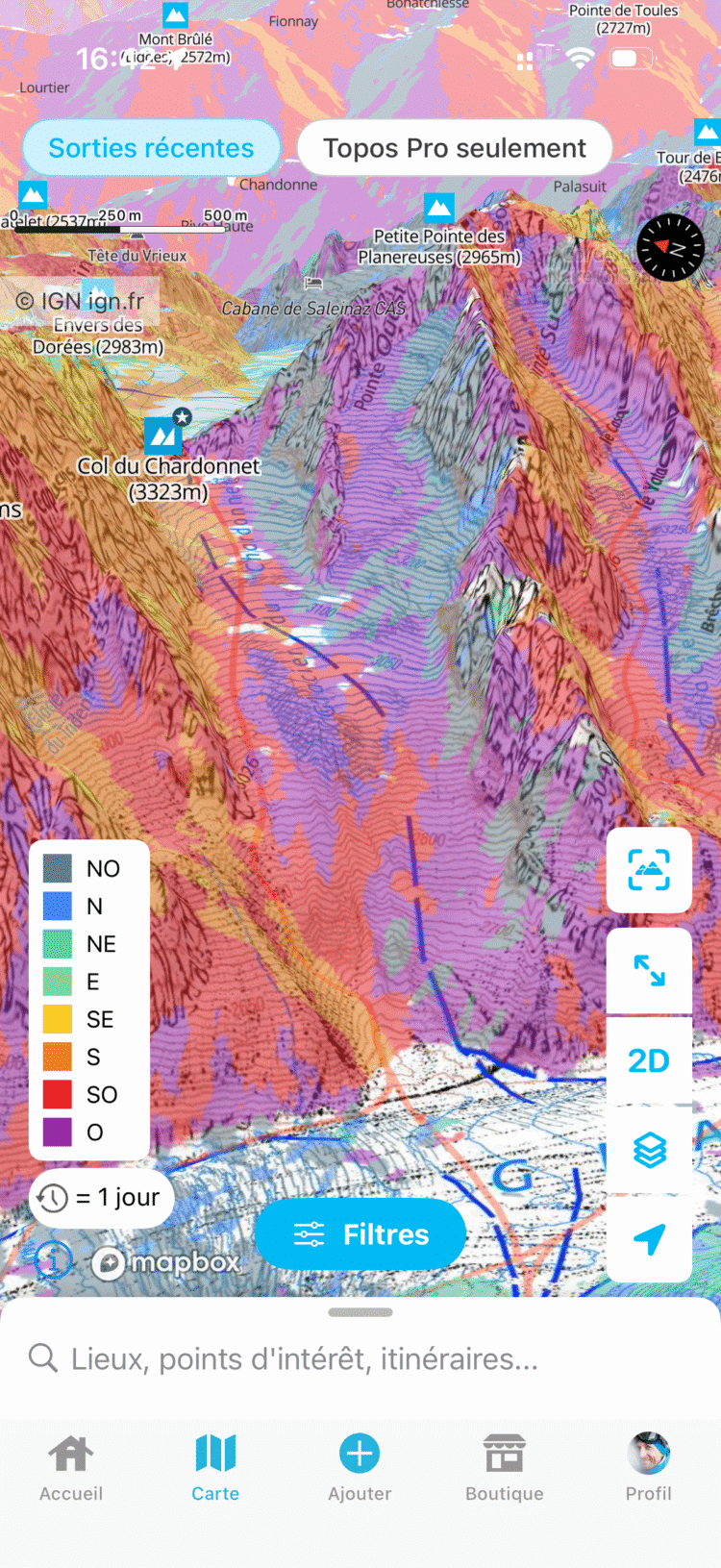 Carte IGN avec calque d'orientation des pentes