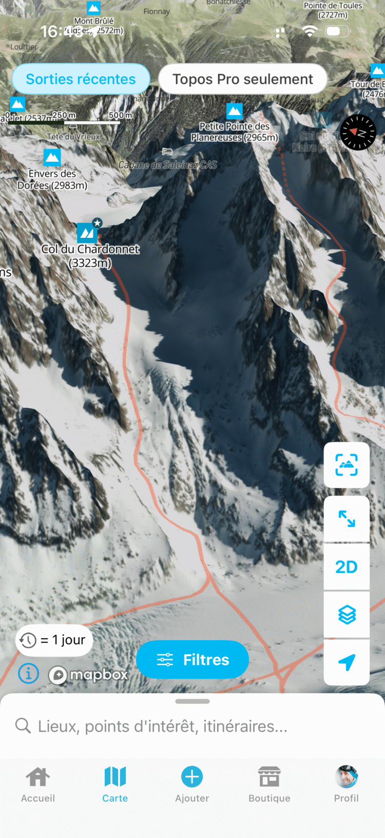 Carte satellite hiver 3D HD avec calque des traces Petzl hiver