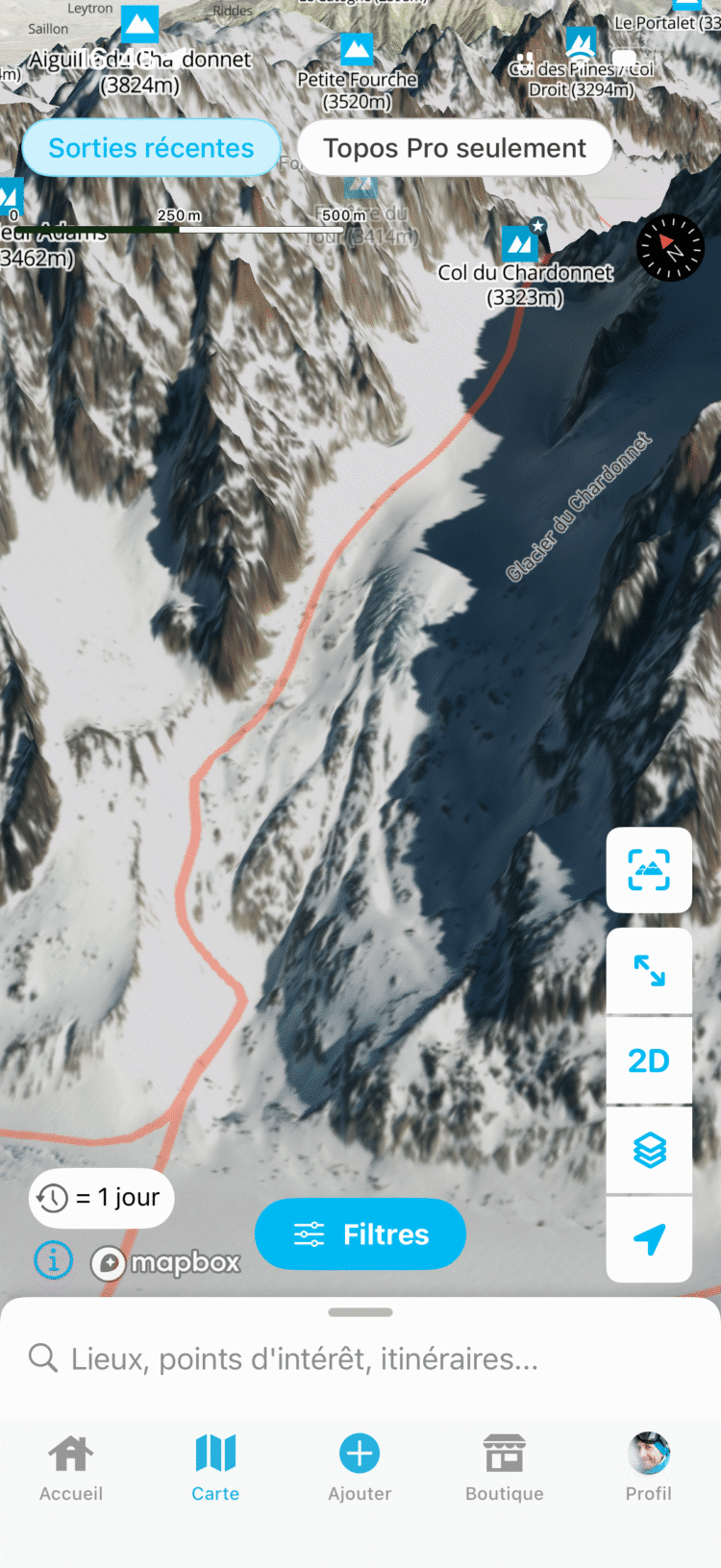 Carte satellite hiver 3D HD avec trace Petzl