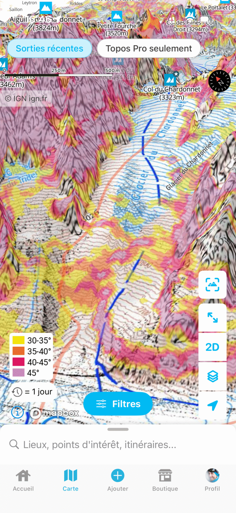 Carte IGN avec calque d'inclinaison des pentes