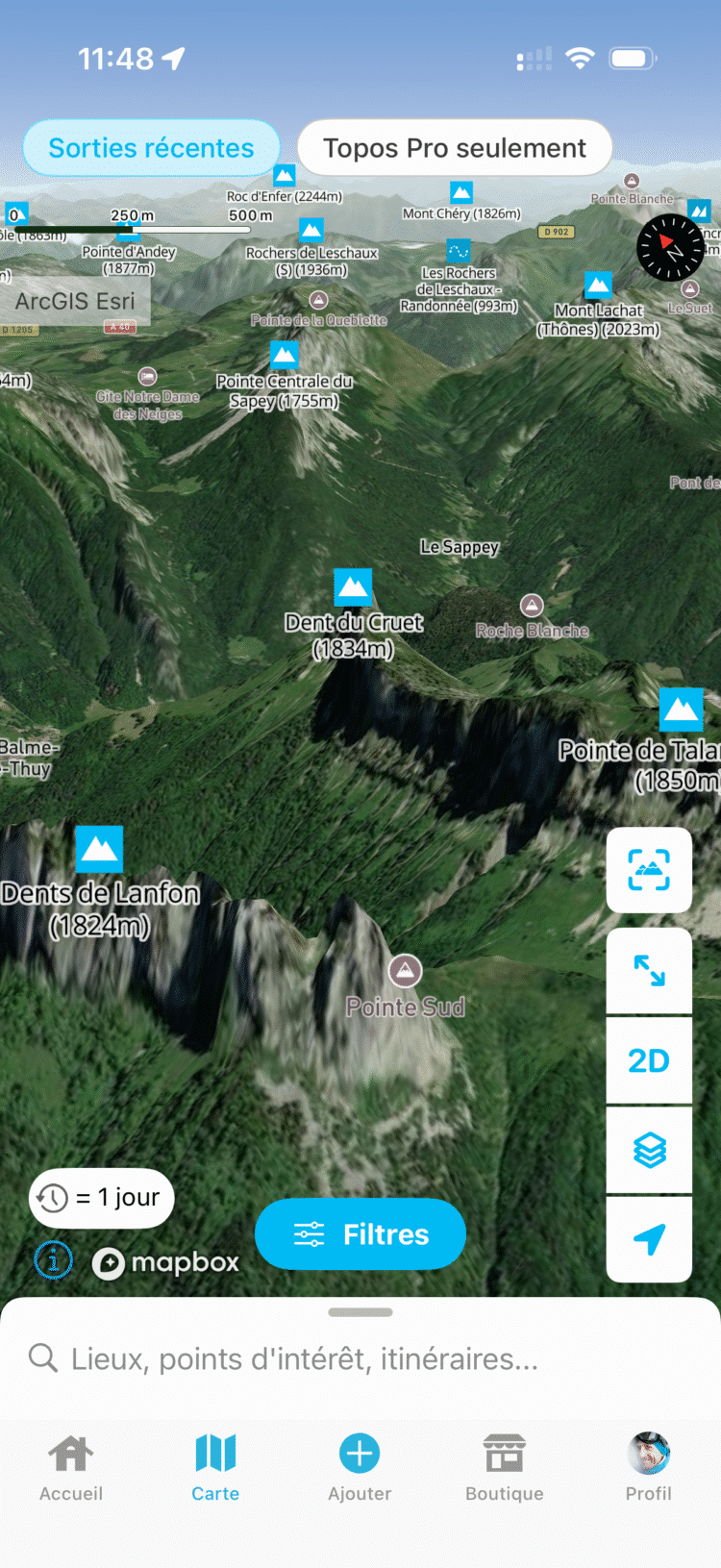 Vue satellite 3D LiDAR avec suggestions d'activités chez Whympr