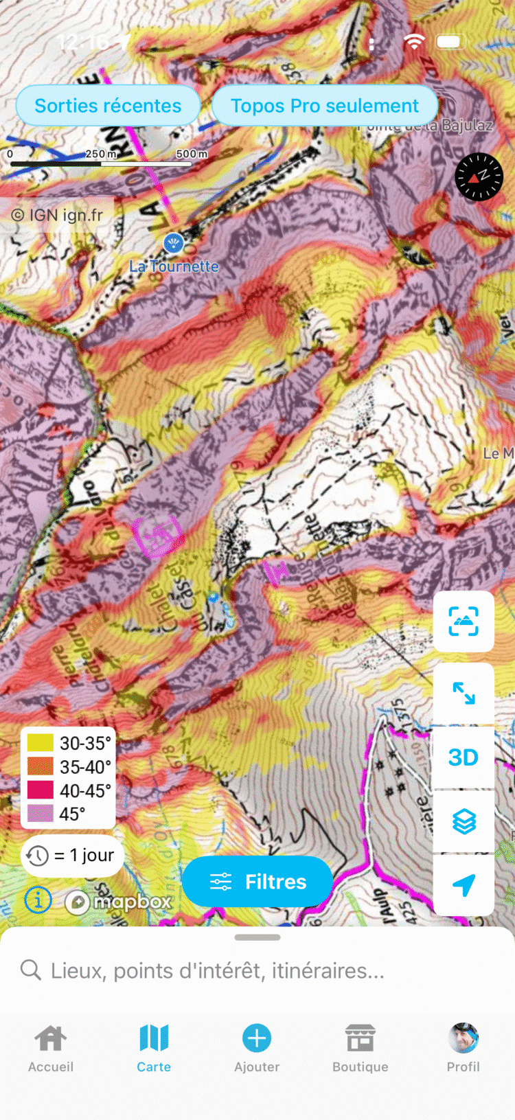 Carte IGN 2D avec calque des inclinaisons de pentes chez Whympr