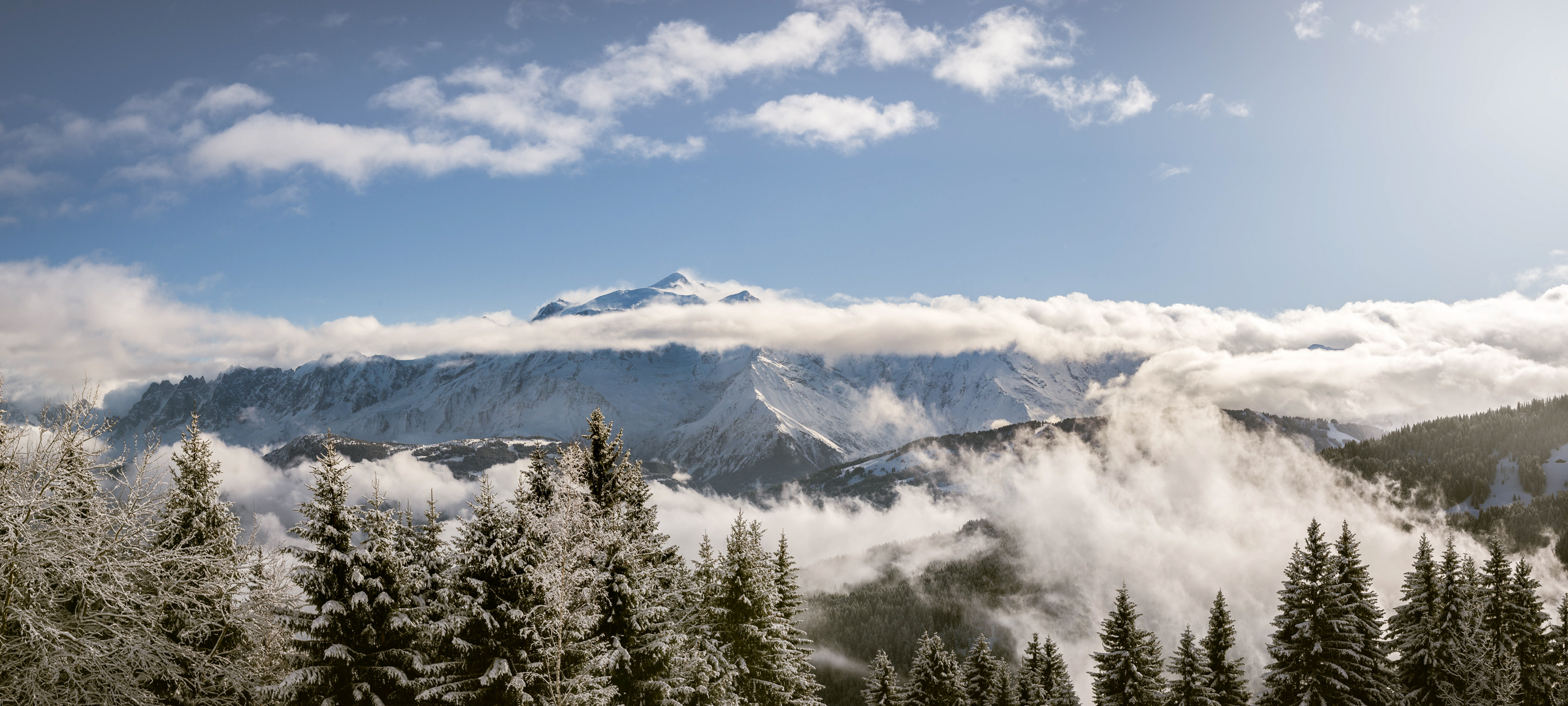 Mont-Blanc au-dessus de sapins enneigés et d’une mer de nuages dans les Alpes